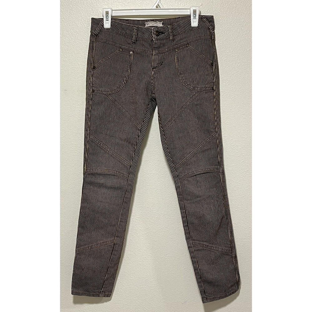 Free People Railroad Stripe Jeans Size 27 Blue Tan Stripe Boho Retro Moto